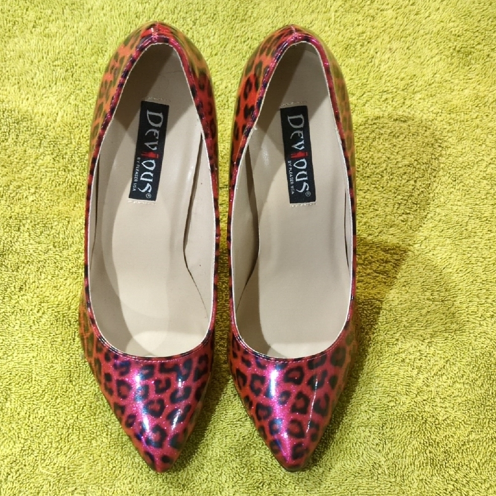 Devious By Pleaser Women's Leopard Print Heels -Red/Pink, Purple Glitter